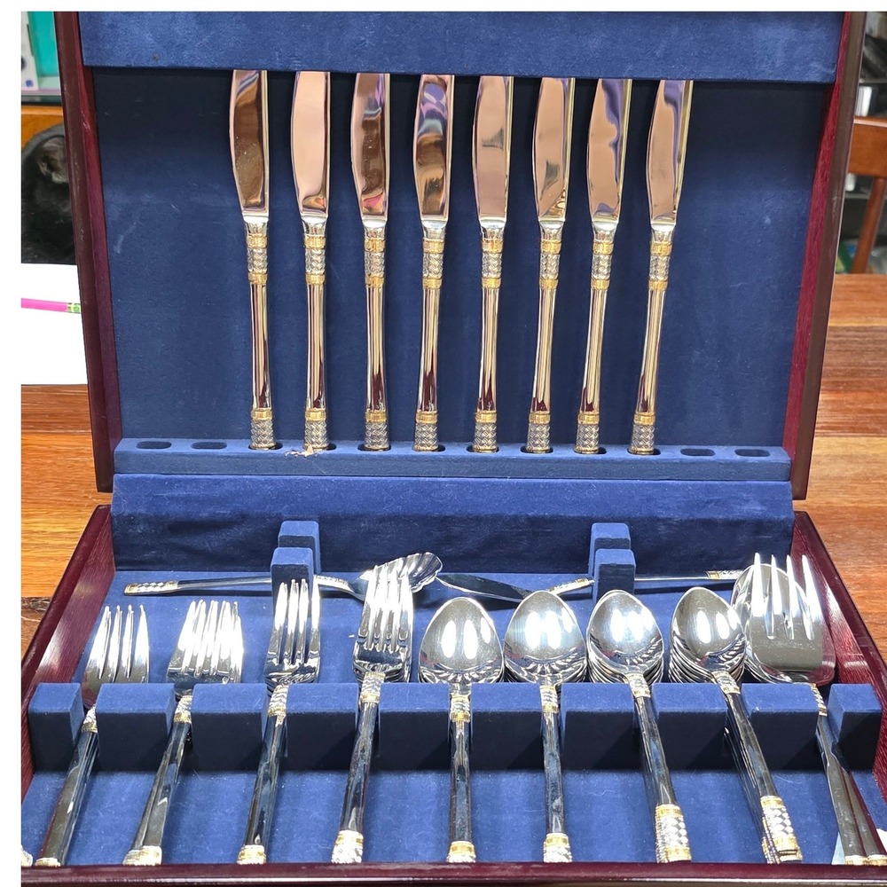 Wallace 18/10 Stainless Steel Flatware Set Gold Accent 45pc 8 place Serving set